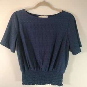 Michael Kors Navy Blue Eyelet Smocked Waist Blouse